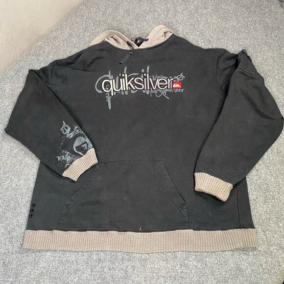 Quicksilver Hoodie Men’s Large Logo Graffiti Ribbed Casual Skater Black Grey - Picture 5 of 13